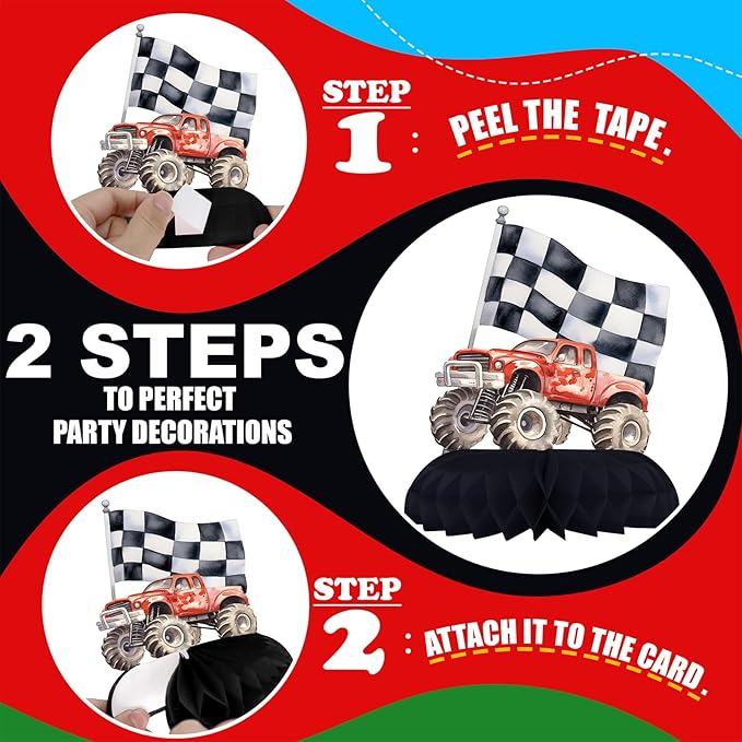 12 Pack Monster Truck Table Decorations - Monster Truck Party Decorations for Kids' Birthday and Baby Shower - Monster Truck Table Toppers