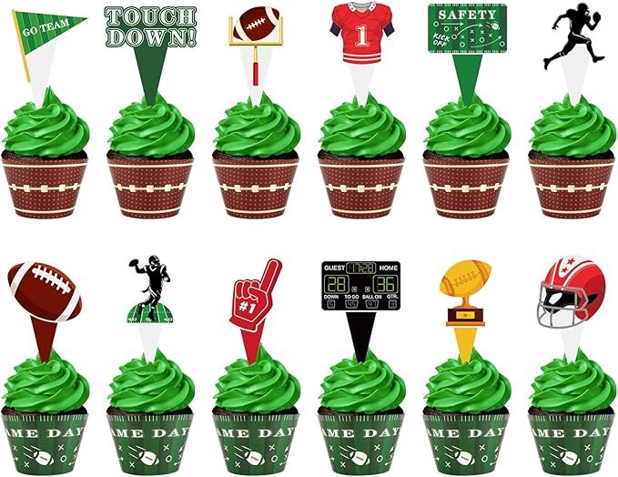 48 Pack Football Cupcake Toppers and Wrappers, Football Rugby Go Team Cake Decoration for Football Theme Birthday Party Sports Game Day Party Supplies