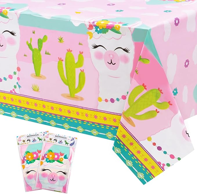WERNNSAI 2 PCS Llama Table Cloth - Llama Birthday Decorations Alpaca and Cactus Tablecloth Cactus Party Decorations for Kids Girls Pink Birthday Party Supplies 54'' x 108''