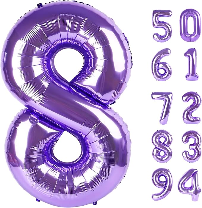 Purple 8 Balloon, Number Balloon 40 Inch, Purple Birthday Decorations, 8 18 28 38 80 Birthday Balloons, 8th Purple Party Supplies, Number 8 Balloon