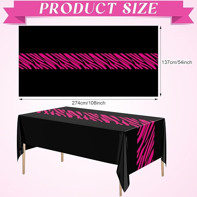 Buryeah 3 Pcs Zebra Tablecloth Zebra Print Plastic Tablecloth Animal Safari Table Cover 54 x 108'' for Baby Shower Wedding Birthday Party Decorations Supplies (Hot Pink, Black)