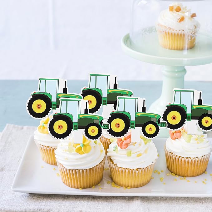 35 Pack Farm Tractor Cupcake Toppers Tractor Truck Car Cupcake Picks Tractor Card Cupcake Decorations for Construction Theme Baby Shower Boys Birthday Party Supplies Green