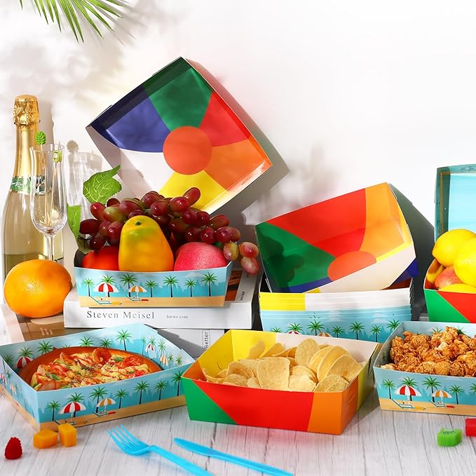 Teling 36 Pack Beach Party Supplies Large 5 lb Beach Pool Plates Trays Bowls Paper Food Boats Disposable Nacho Serving Snack Trays Dinner Plate for Sport Themed Birthday Party Decorations Favors