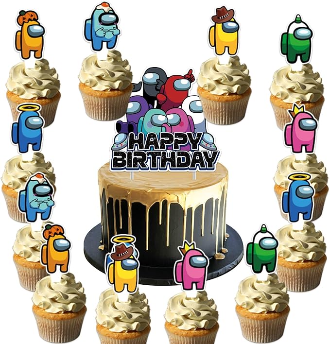 25Pcs Among Game Birthday Party Supplies Pack Includes 1 Cake Topper 24 Cupcake Toppers for Among Game Party Supplies