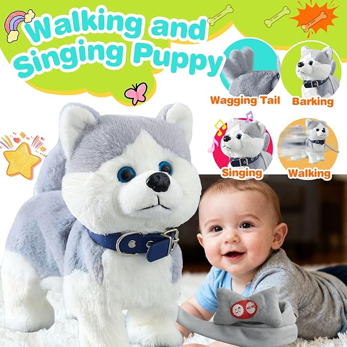 Husky Walking Dog Barking Toy, Musical Singing Dancing Volume Control Interactive Puppy Walk Along with Leash, Wagging Tail Shaking Head, Robot Plush Stuffed Animal Puppy for Kid
