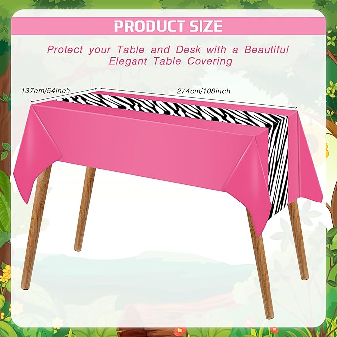 Buryeah 3 Pcs Zebra Tablecloth Zebra Print Plastic Table Cloth Disposable Tablecloth Animal Safari Table Cover 54 x 108'' for Baby Shower Wedding Birthday Party Decorations Supplies(Hot Pink A)