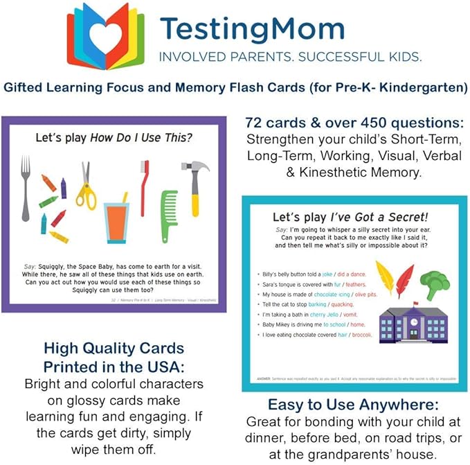 TestingMom.com Gifted Learning Flash Cards – Focus and Memory for Pre-K – Kindergarten – Gifted and Talented Educational Toy Practice for CogAT Test, Iowa Test, OLSAT, SCAT, WISC, WPPSI, AABL and more