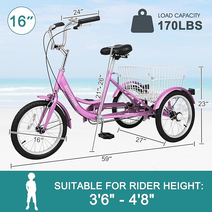 MOPHOTO 16 Inch Small Tricycle for Beginner Riders, Low Step-Through 3 Wheel Bike, Single Speed Trike with Hand Brakes, Adjustable Seat and Rear Basket, Fits Heights 3'9" to 4'9"
