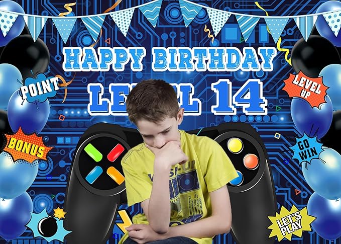 Game Theme Level 14 Birthday Backdrop Video Game Happy 14th Birthday Party Decorations Level Up Theme Boys Kids Birthday Party Supplies(7×5FT)
