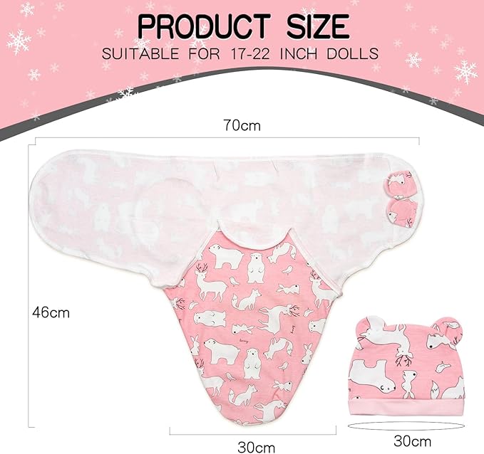 Reborn Baby Doll Swaddle Blanket 17-22 Inch Girl Pink Wrap Blanket 2 Pcs - Swaddle Blanket + Hat, Reborn and Newborn Baby Doll Clothes Accessories