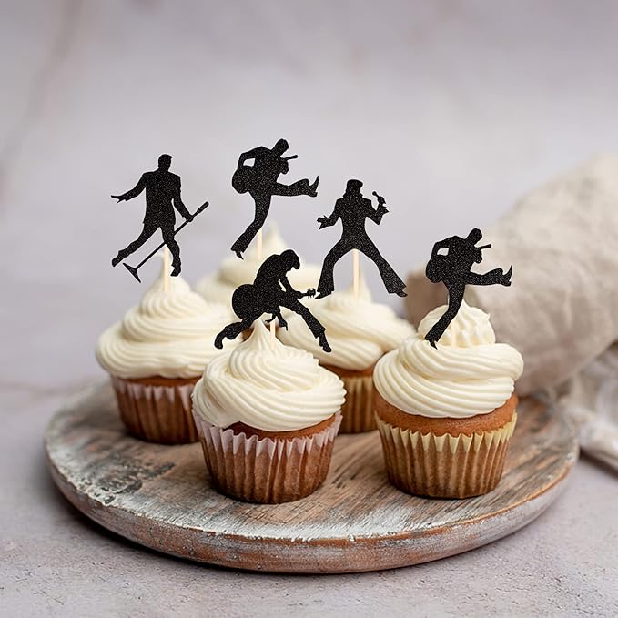 24 PCS Rock Band Cupcake Toppers Black Glitter Rock Pop Music Theme Cupcake Picks Music Concert Theme Birthday Party Cake Decorations Supplies