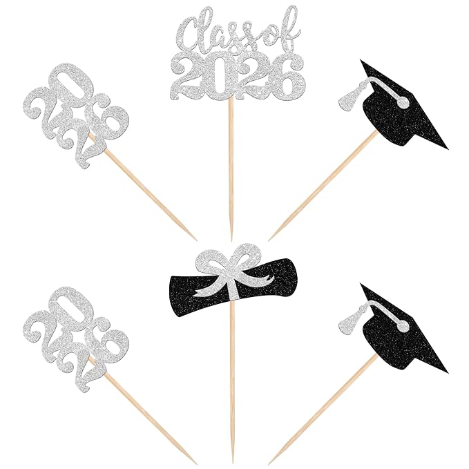 36 PCS 2026 Graduation Theme Cupcake Toppers Glitter Class of 2026 Grad Cap Diploma Cupcake Picks 2026 Graduation Theme Party Cake Decorations Supplies Silver