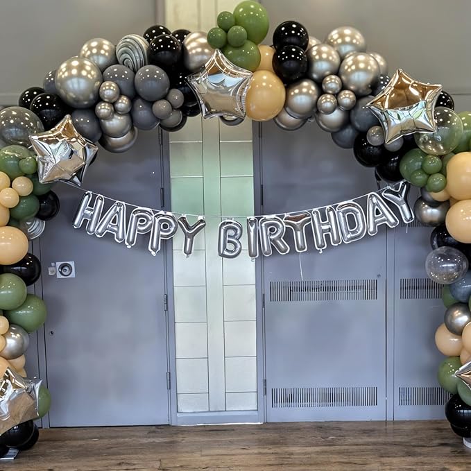 Green Gray Balloon Arch Kit,Sage Green Gray Brown Metallic Silver Balloons with Star Foil Balloon for Boy Birthday Party Decorations Baby Shower Graduation Party Supplies