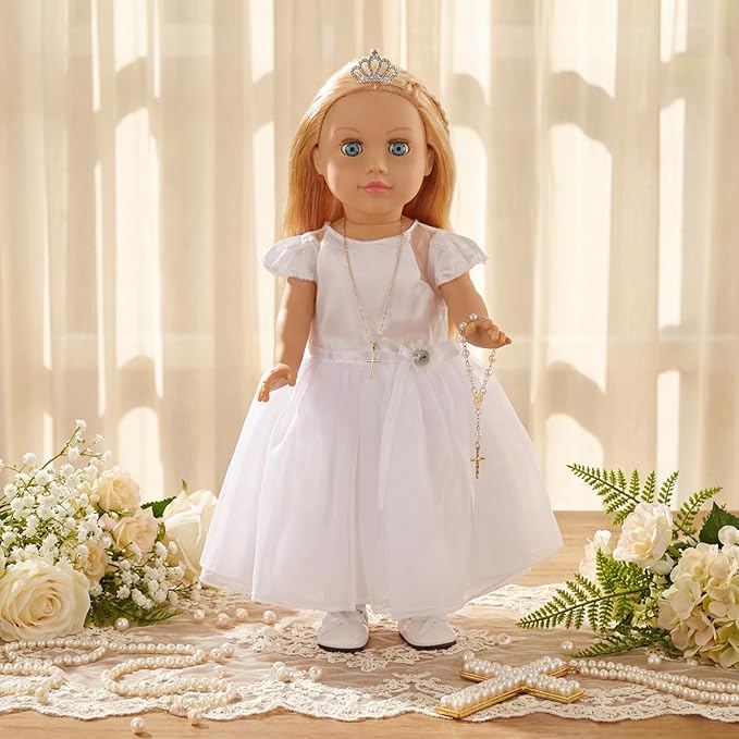 7 Pcs 18 Inches American Doll Clothes Outfit First Communion Dress with Matching Headband Veil Bracelet Shoes Socks Necklaces Fit 18 Inches Dolls, Doll Not Included(Crown)