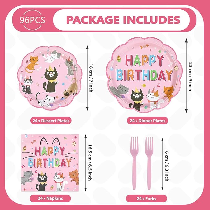 96Pcs Cat Birthday Party Supplies Cats Themed Plates and Napkins Pink Kitten Happy Birthday Tableware Set for Girls Pink Cat Baby Shower Party Supplies Serves 24