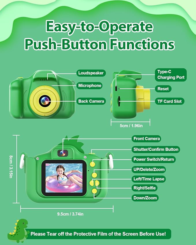 Dinosaur Kids Camera Toys, Camera for Kids with 32GB SD Card 1080P HD Kids Digital Camera Suitable for 3 4 5 6 7 8 9 Years Old Girls and Boys Gift Toys