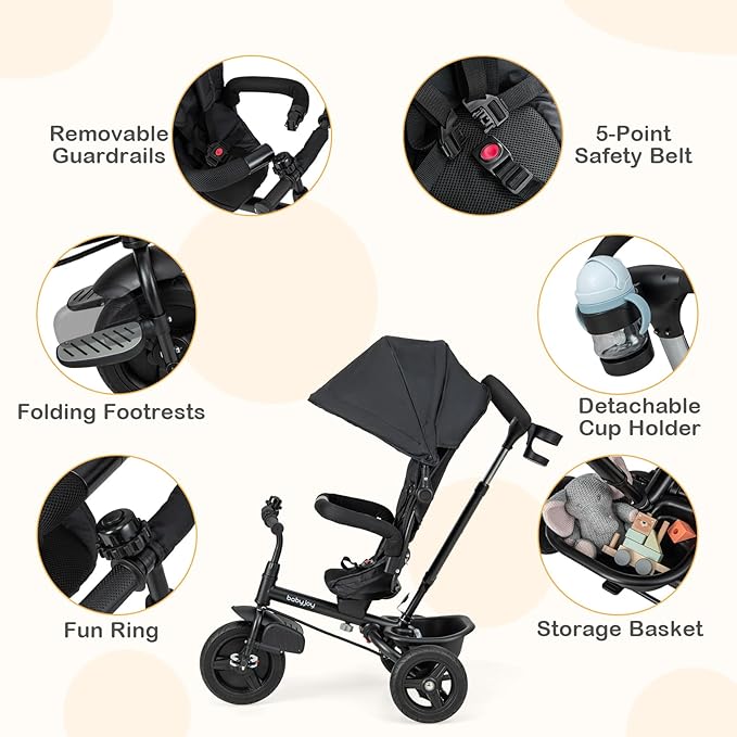 BABY JOY Tricycle, 6 in 1 Trike for Toddler w/Reversible Seat, Adjustable Canopy & Parent Handle, 5-Point Safety Belt, PU Wheels and Storage Basket, Push Tricycle for 9-60 Months (Black)