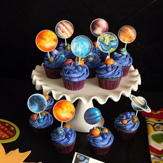 Ephlyn 36Pcs Outer Space Cupcake Toppers Planet Rocket Spaceship Trip to the Moon Star Cupcake Picks Solar System Galaxy Universe Planets Birthday Cupcake Decorations Party Supplies