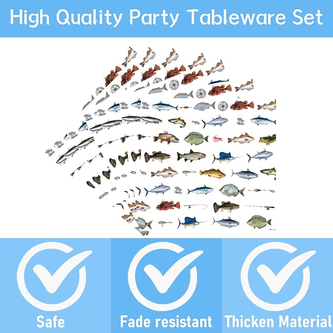 Rakuto Gone Fishing Party Plates, 96PCS Fishing Birthday Party Decorations Supplies, Fish Themed Paper Plates and Napkins Forks Disposable Tableware Supplies(24 Guests)