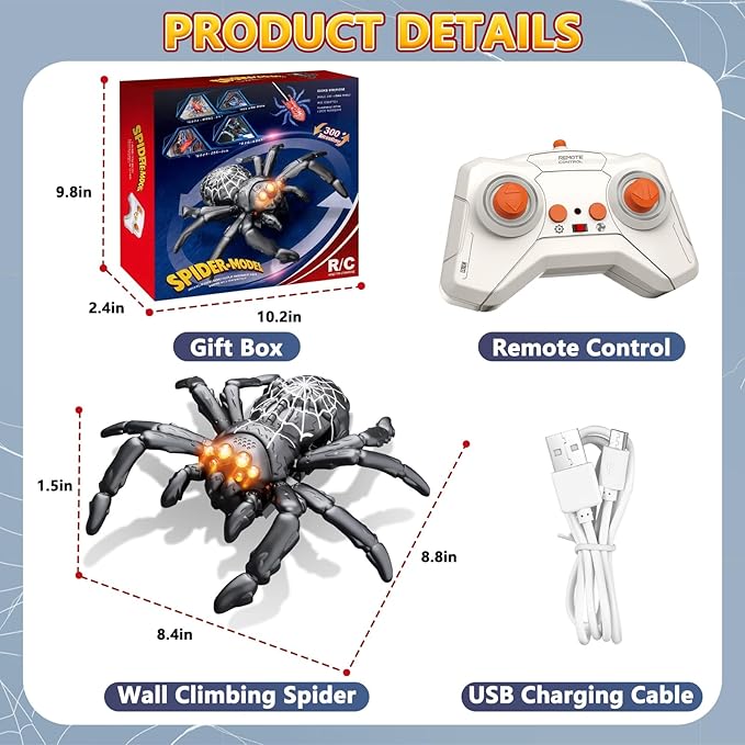 Wall Climbing Spider, Rechargeable Remote Control Spider Kids Toys, Floor/Wall Crawling Robot Spider Toy, Wall Crawler Spider Prank Toys Birthday Gifts for Boys Girls Ages 3-5 5-7 8-13, Black