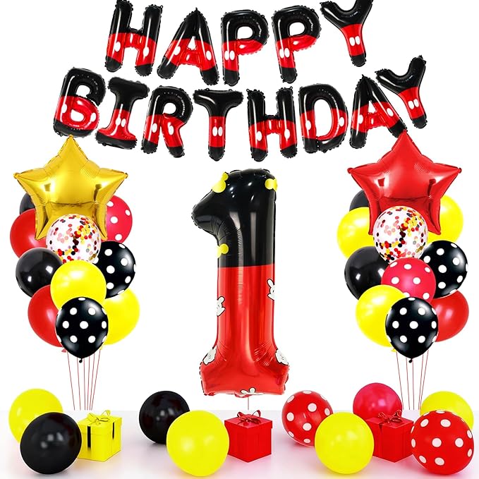 YIIHMEI 1st Mouse Balloons Birthday Decorations Baby Shower Party Supplies Boy Red And Black Foil Balloon Banner 40inch Number