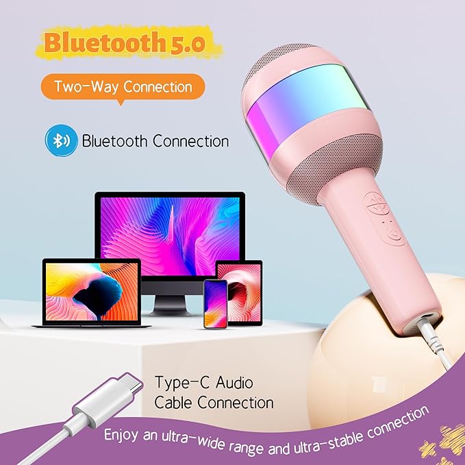 Karaoke Machine for Kids Adults, Portable Bluetooth Microphone Song Toys with LED Light, Best Chritmas Birthday Festival Party Gift for 3 4 5 6 7 8 9 10 11 12+ Year Old Girls Boys (Pink)