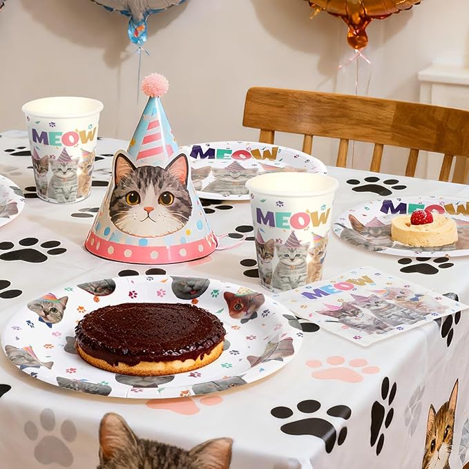 96Pcs Cat Birthday Party Supplies Pet Cat Paper Plates and Napkins and Cups Baby Shower Kids Birthday Tea Party Decorations, Serves 24