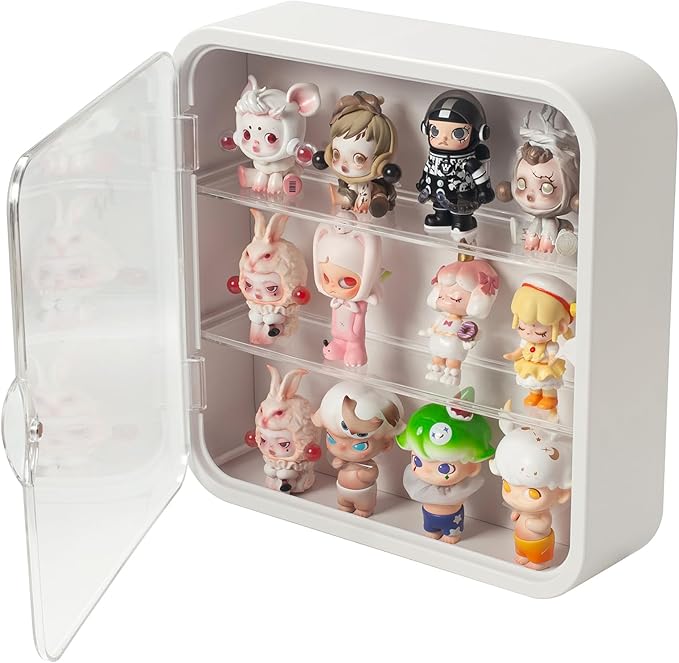 Clear Display Case for Figures, Wall Mounted Clear Display Box, 3 Tiers Adjustable Acrylic Display Box Stand with Magnetic Door for Mini Action Figures Pop Mart Collectibles, White
