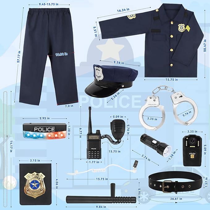 Police Costume for Kids, Cop Pretend Play Toys for Dress Up, Role Play Set with Handcuffs, Flashlight, Police Badge for Kids Boys and Girls 3-8, Halloween Costumes, Birthday Christmas Gifts