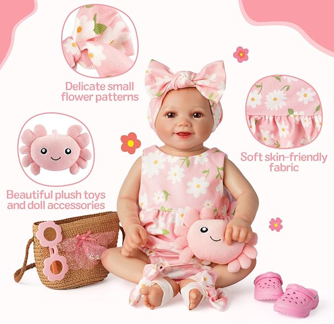 BABESIDE 16-20 Inch Reborn Baby Doll Clothes Set with 16 Inch Doll Shoes for Reborn Dolls, Summer Floral Babydoll Clothes with Bag Headband for Realistic Baby Dolls Accessories, Pink