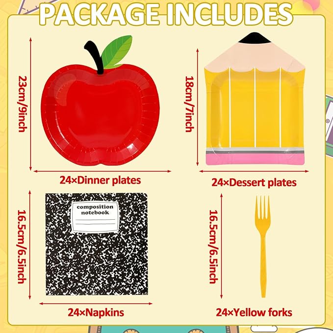 96 Pcs Back to School Tableware Set First Day of School Party Supplies Red Apple Pencil Paper Plates Composition Notebook Napkins Classroom Decoration for Kindergarten Preschool Teacher Party Serve 24