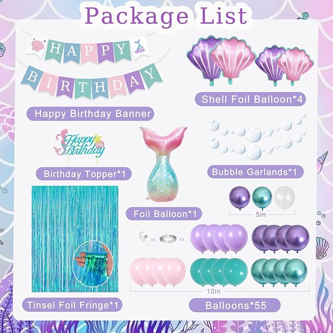 Mermaid Birthday Decorations, Birthday Decorations for Girls Women, Little Mermaid Under the Sea Party Decor Supplies with Mermaidtail Balloons Bubble Garland banner Fringe Backdrop Cake Topper