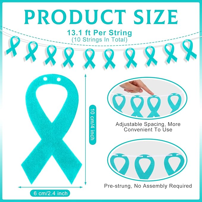 VitalCozy 10 Pcs Ribbon Awareness Banner 13.1 ft Ribbon Garland Cancer Awareness Decor Cancer Free Decorations for Society Events Groups Fundraisers Party Supplies(Teal)