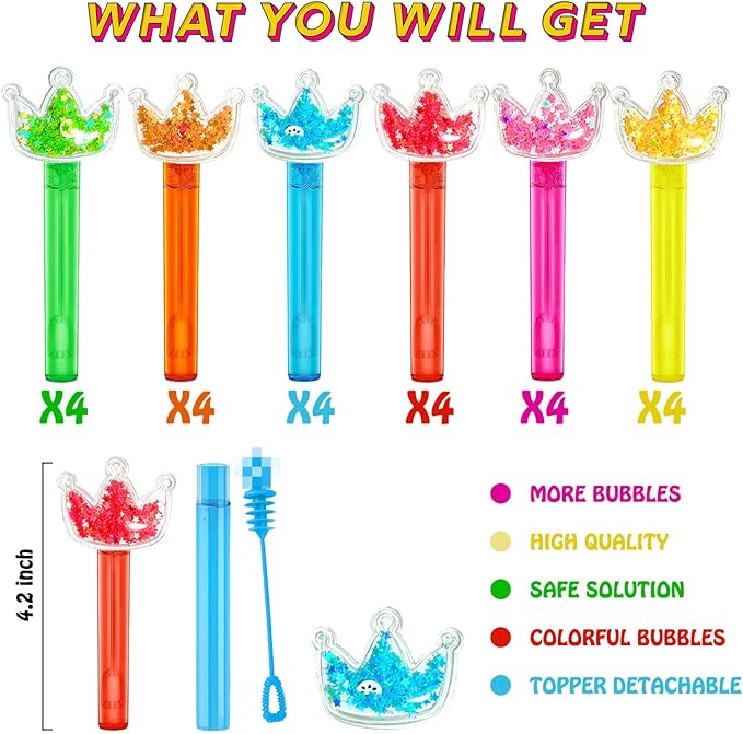 Princess Party Favors,24Pcs Glitter Crown Bubble Wands for Kids,Bling Crown Bubble Wand for Princess Birthday Party Supplies,Classroom Prizes Pinata Goodie Bag Stuffers Gift