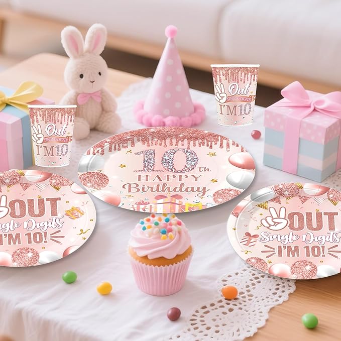 10th Birthday Decorations for Girl, Double Digits Birthday Girl 10 Years Old Double Digits I'm 10 Banner Balloons Garland Arch Backdrop Sash Plates and Napkins Set Ten Birthday Party Supplies