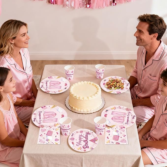 168Pcs Pink Sleepover Party Supplies for Girls Pajama Birthday Plates Napkins Cups Forks Knives Spoons Hot Pink Slumber Party Paper Tableware for Girls Night Birthday Slumber Party Supplies Serves 24