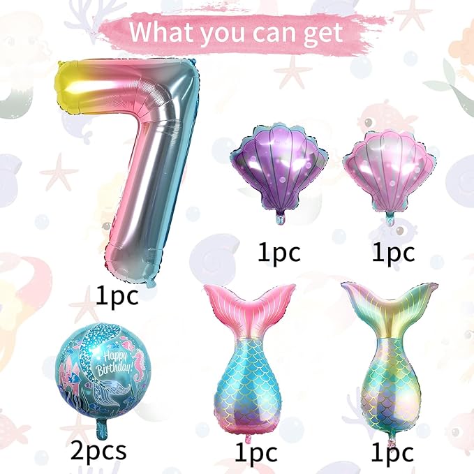 7th Mermaid Birthday Decorations,Pink Blue Balloons Kit Sea Balloon Tail Balloons for Girls Mermaid Party Baby Shower