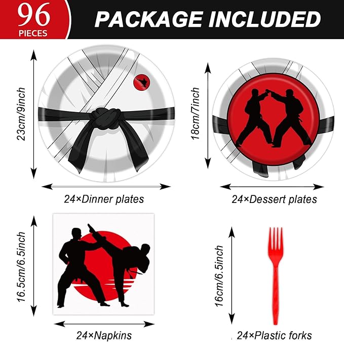gisgfim 96 Pcs Karate Party Supplies Paper Plates Napkins Karate Themed Party Birthday Decorations Favors for Boys & Girls Birthday Serves 24