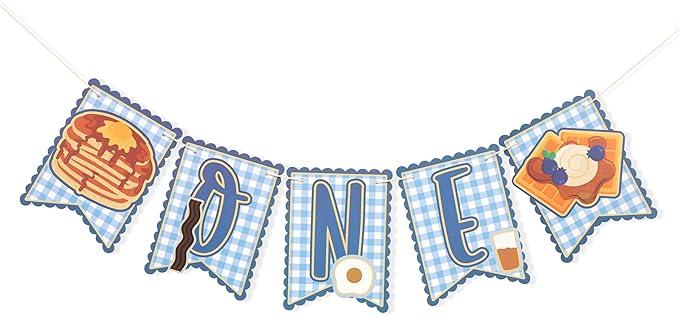 Brunch 1st Birthday High Chair Banner - Breakfast First Birthday Party Decorations, Pancakes and Pajamas Party Supplies, Breakfast Food Party Banner, Pancake and Waffle Cake Smash Photo Props (Blue Brunch Banner)