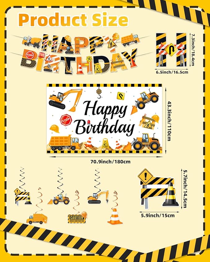 Construction Birthday Party Decorations, Dump Truck Excavator Birthday Party Decorations Construction Themed Balloons, Banner, Backdrop, Tablecloth, Cake Toppers for Boys Kids Party Supplies