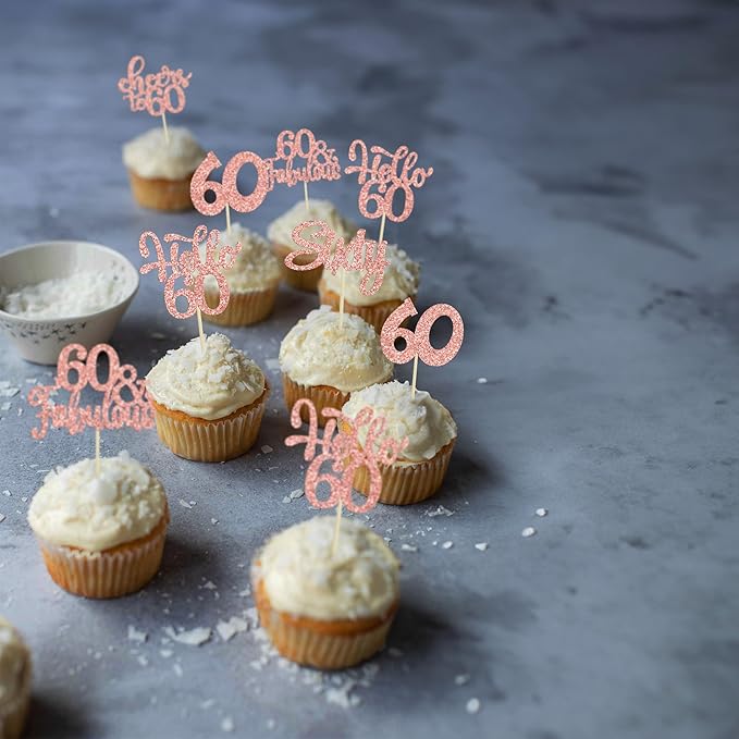 30Pcs Happy 60th Birthday Cupcake Toppers Rose Gold Glitter Sixty Cake Toppers Cheers to 60 Years Old Birthday Cupcake Picks for 60th Anniversary Party Cake Decorations Supplies
