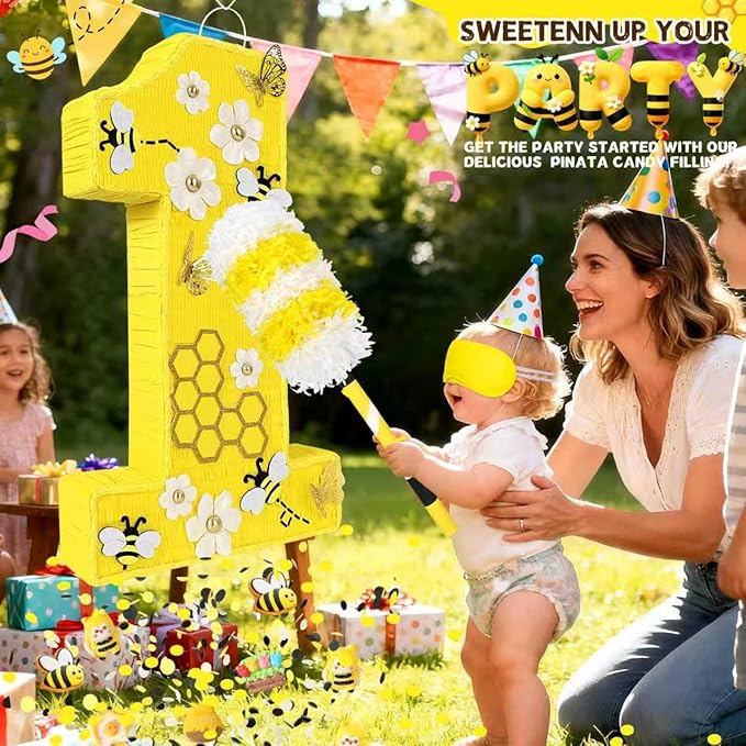 25" Large Number 1 Pinata - Includes 24" Bat Stick, Eye Mask, Rope | Queen Bee Pinatas with Butterfly, Daisy, Bumblebee Themed Party Supplies and Decorations, Kids First Birthday Party Décor
