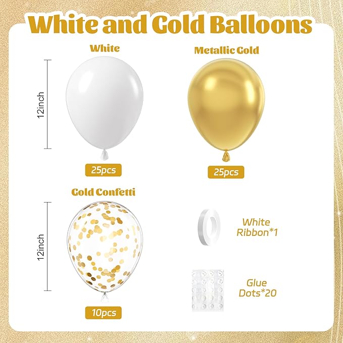 60pcs Gold and White Balloons 12inch, White and Gold Balloons with Metallic Gold Confetti Balloons for Graduation Wedding Engagement Birthday Party Decorations