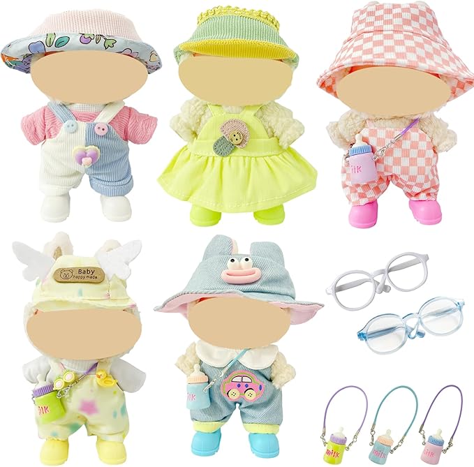 Macaron Style Doll Clothes Set for 17cm Plush Dolls, Include 5 Outfits with Hats, Glasses, Cute Dress Up Accessories for Doll Play and Display, (No Dolls)