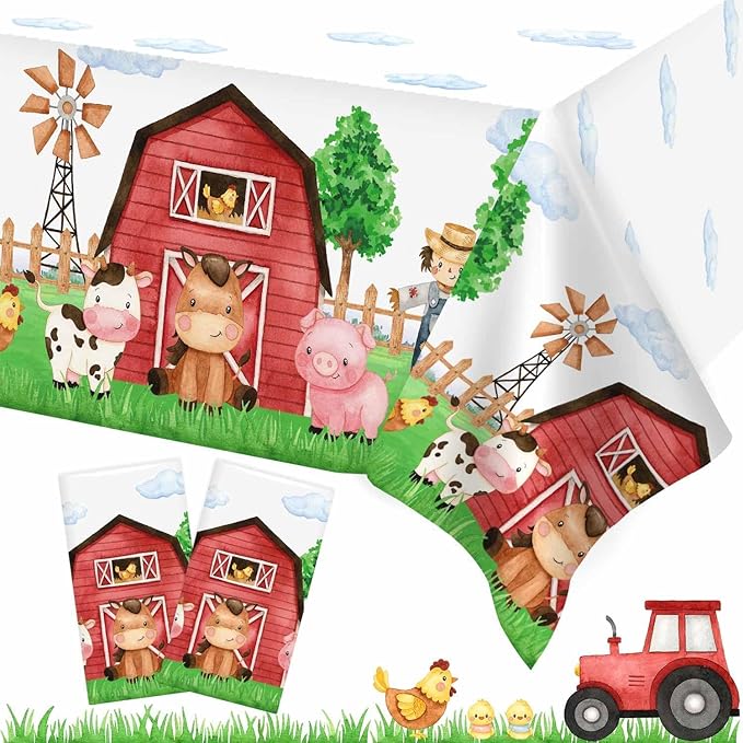 3 Pieces Farm Animal Birthday Party Supplies Tablecloth, Large Size 54 x 108 Inch Rectangular Plastic Table Cover, Barnyard Birthday Party Supplies Decorations for Baby Shower Boys Girls
