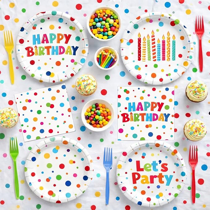 96 Pcs Happy Birthday Paper Plates Tableware Set (Serves 24), Birthday Dots Dots Design Supplies Set Include Plates Napkins Forks for Party