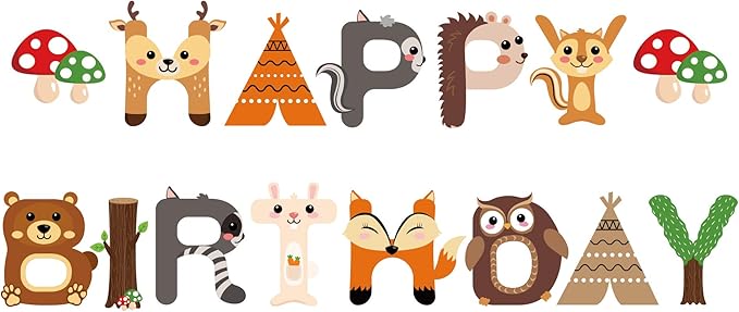 CC HOME Woodland Creature Birthday Banner,Woodland Animals Happy Birthday Forest Friend Animal Banner for Kids,Boys,Baby Shower,Birthday Party Decoration