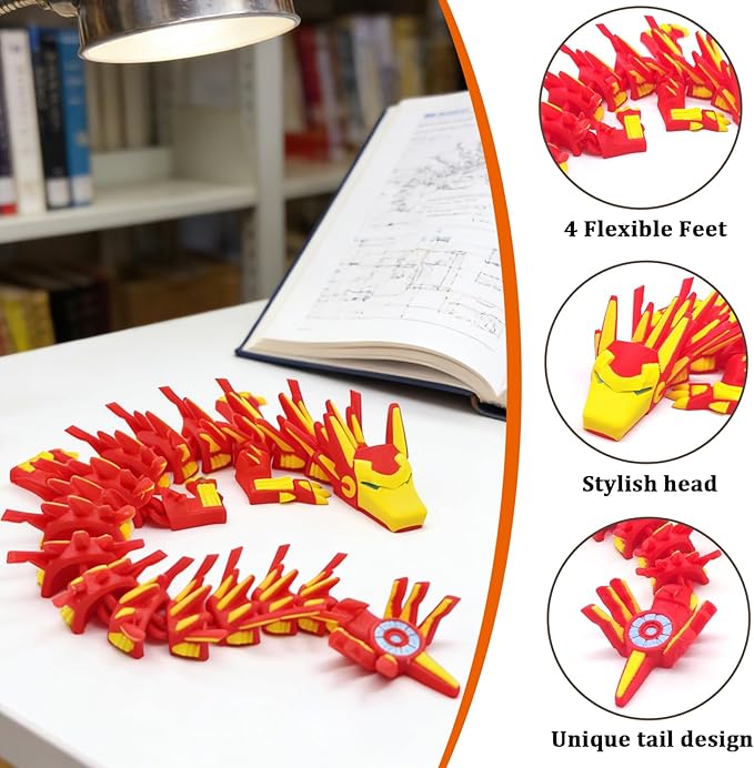 3D Printed Dragon,3D Printed Dragon Model,Flexible Articulated 3D Dragon Fidget Toy,Unique 3D Printed Animals Gift and Desktop Decoration (Red-10 inch).