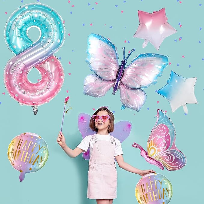 Butterfly Balloons - 8th Birthday Decorations for Girls, Gradient Pink Colorful Foil Balloons, Giant Number 8 Foil Mylar Balloon, Butterfly Theme Party Supplies