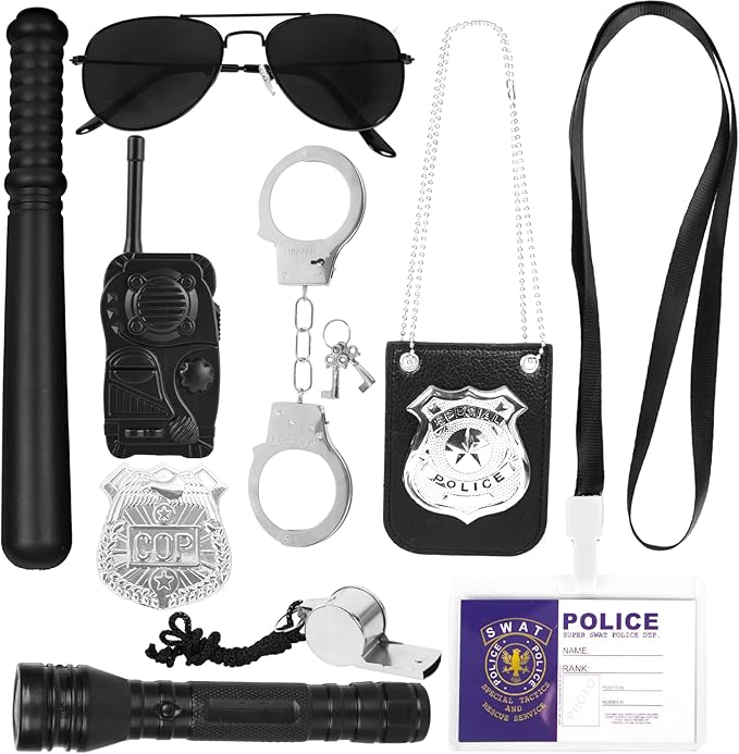 3 otters 9PCS Police Pretend Play Toy Set, Police Accessories for Kids Include Badge, Handcuffs, Walkie, and More for Dress Up Party, Role-playing, Christmas Gift for Kids